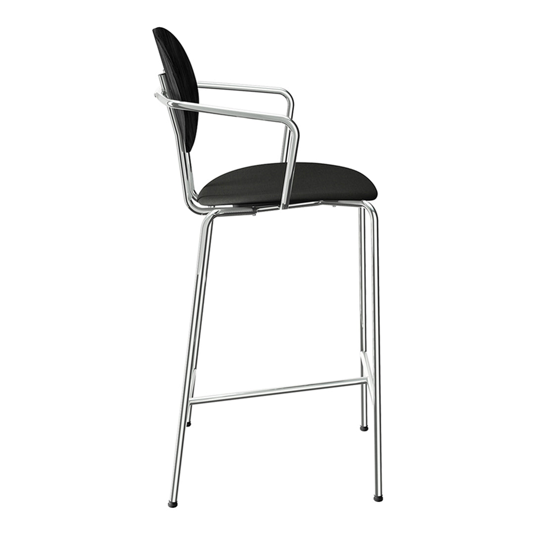 Black upholstered stool with sleek chrome legs and simple design, perfect for modern interiors.