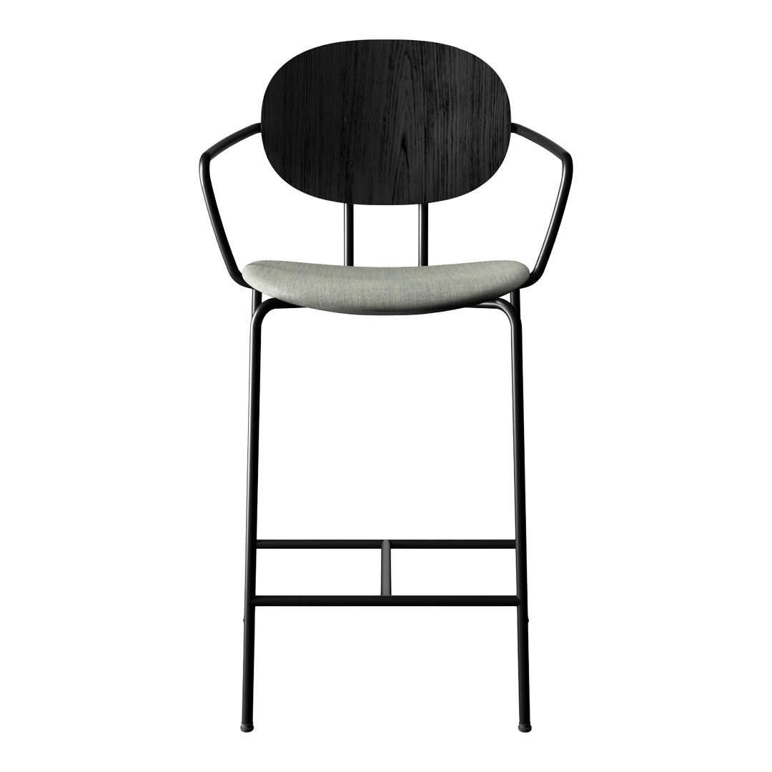Black metal bar stool with a gray upholstered seat and a smooth oval backrest design. Modern and minimalist style.