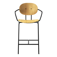 Wooden bar stool with a light bamboo seat and a sleek black metal frame. Modern and minimalist design.