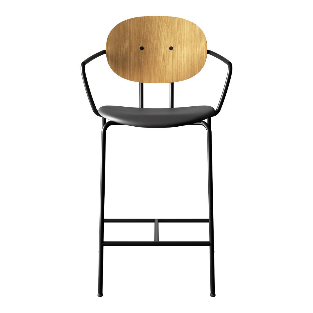 Modern bar stool with a natural wood back, black metal frame, and a sleek grey seat for a stylish contrast.