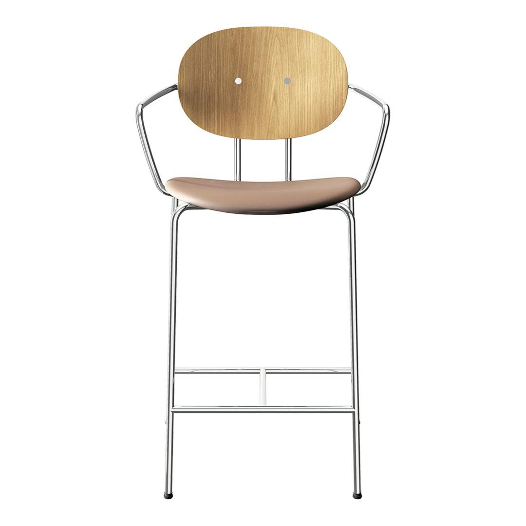 Natural wood and soft beige colors with a sleek metal frame; modern design with minimalist patterns.