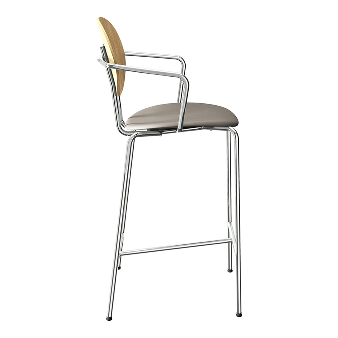 Modern bar stool featuring sleek silver metal frame, light brown cushioned seat, and natural wood accent backrest.