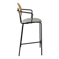 Modern bar stool featuring a black frame, light gray cushion, and natural wood backrest. Stylish and minimalist design.