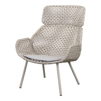 Light beige woven chair with a textured pattern and soft gray cushion, perfect for stylish indoor or outdoor decor.