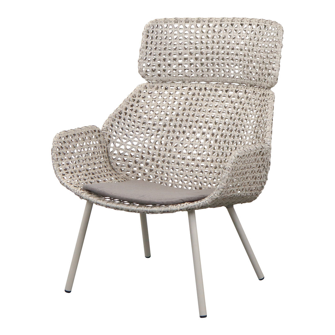 Beige woven chair with textured pattern and light gray cushion, featuring sleek metal legs. Perfect for modern decor.