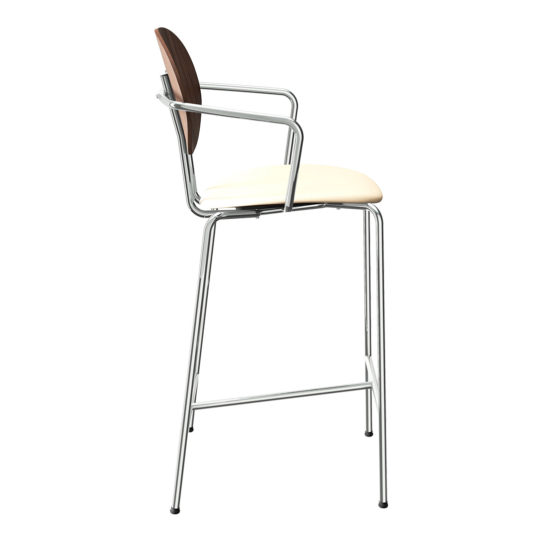 Tall bar stool with a beige seat, brown backrest, and sleek silver frame. Modern and minimalistic design.