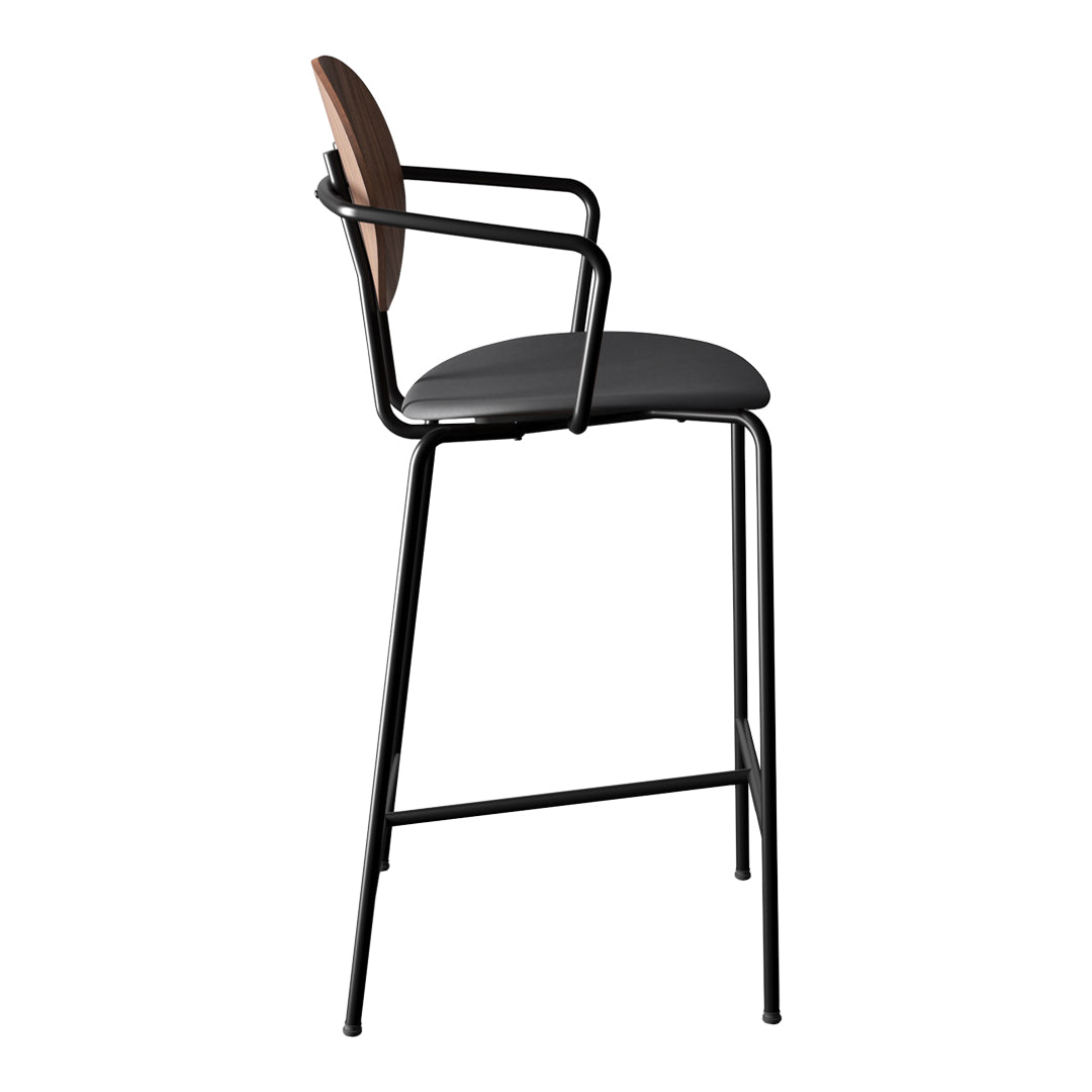 Black metal bar stool with a sleek wooden backrest and a modern minimalistic design.