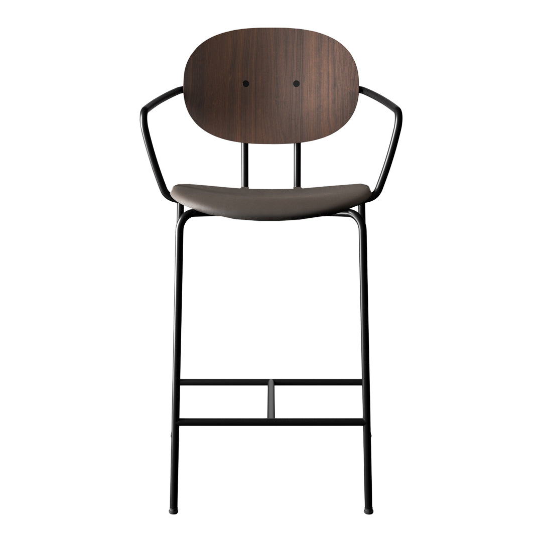Stylish black metal barstool with a dark wood seat and unique oval backrest design. Perfect for modern decor.