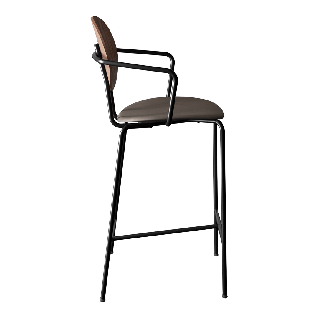 Stylish bar stool with a sleek black metal frame and a brown seat, featuring a minimalist design for modern interiors.
