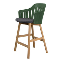 Green slatted backrest bar stool with gray seat cushion and natural wooden legs. Modern and stylish design.