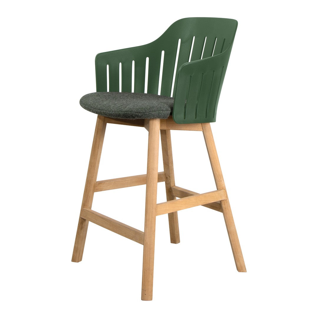 Green slatted back bar stool with a gray upholstered seat and natural wooden legs for a modern look.