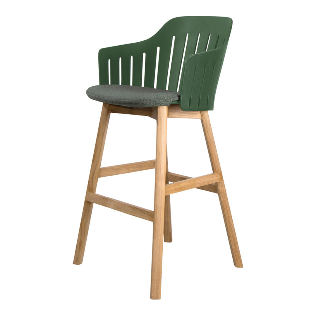 Green slatted back bar chair with a gray patterned seat and natural wood legs. Modern and stylish design for any space.
