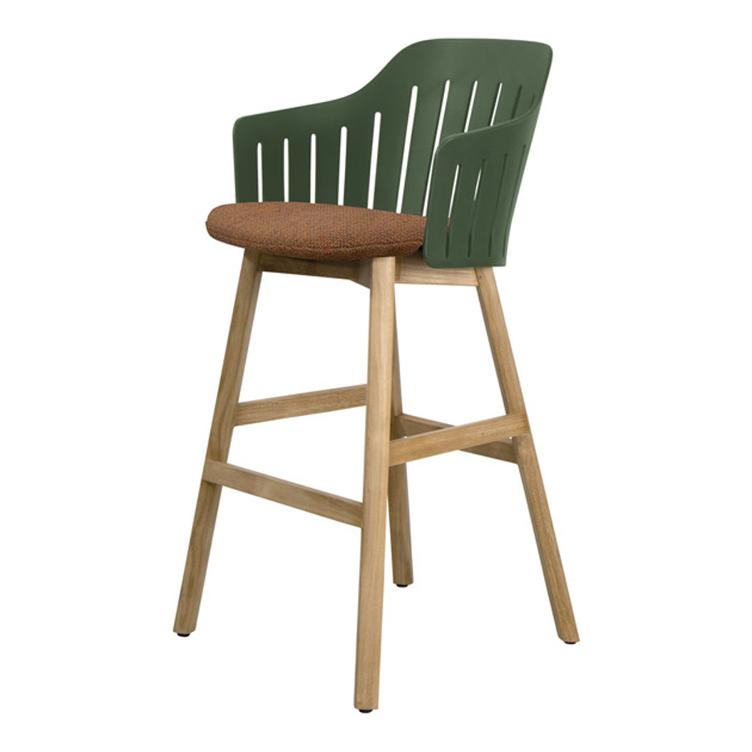 Green slatted back bar stool with a brown patterned seat and natural wood legs. Perfect blend of color and style.