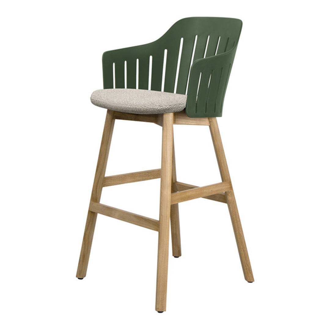 Green slatted backrest bar stool with beige cushioned seat and natural wood legs, perfect for modern decor.