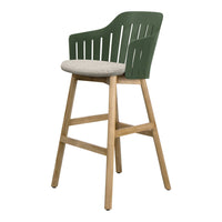 Green slatted backrest bar stool with beige cushioned seat and natural wood legs, perfect for modern decor.