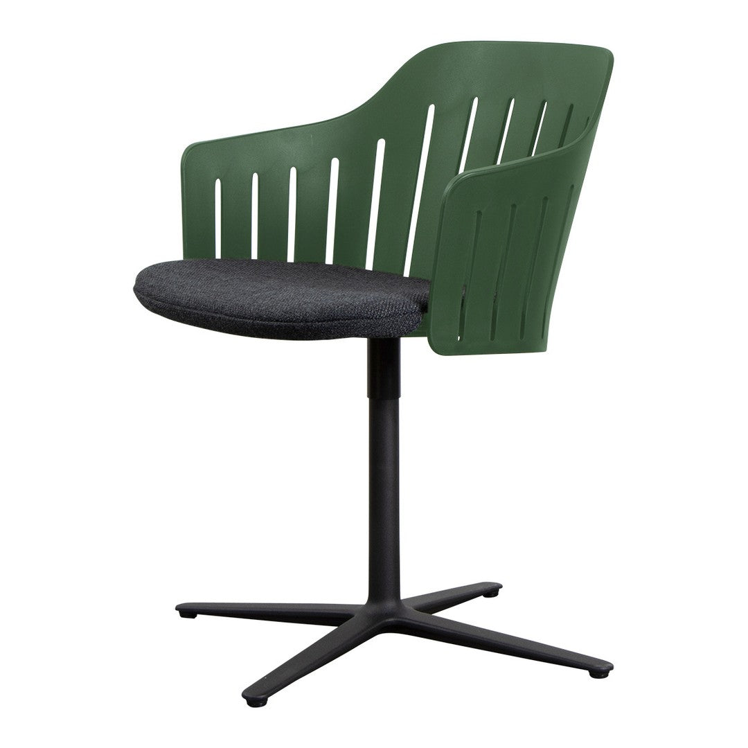 Green slatted chair with a black seat and simple round base, perfect for modern decor.