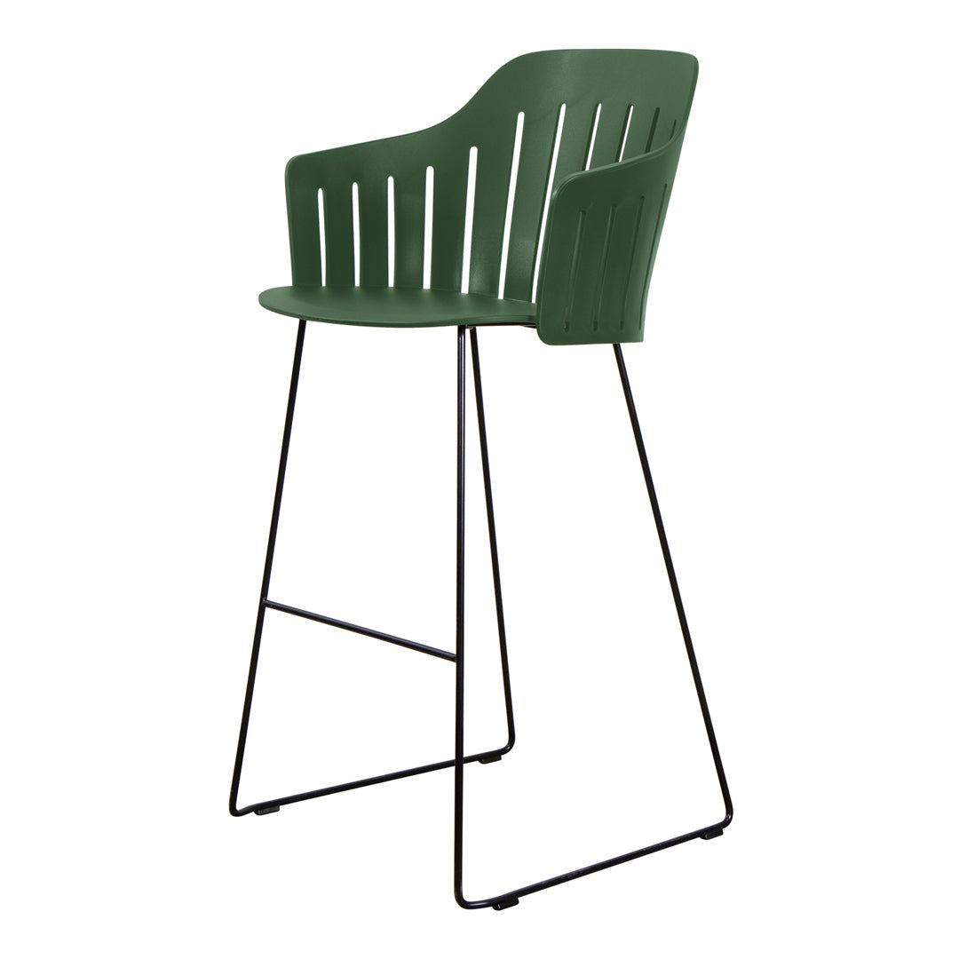 Green slatted back bar stool with a sleek black metal frame. Modern design perfect for stylish décor.