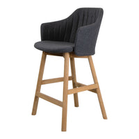 Modern gray upholstered bar stool with vertical quilted pattern and natural wood legs. Ideal for stylish interiors.