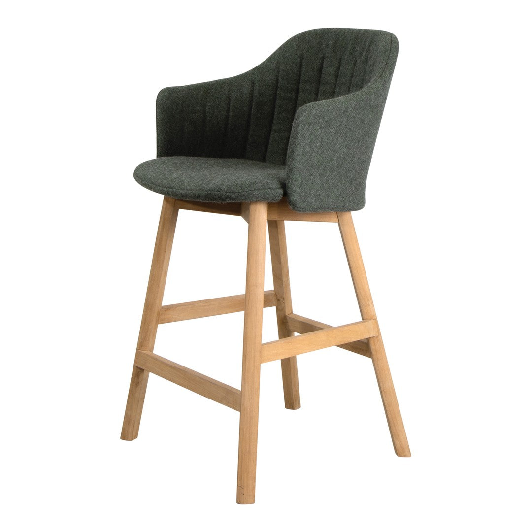 Green upholstered bar stool with a ribbed pattern and natural wood legs, adding a modern touch to any space.