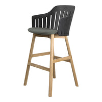 Stylish gray high stool with a patterned black seat and natural wood legs, perfect for modern decor.