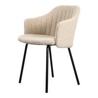 Beige textured upholstery with vertical ribbed pattern and sleek black metal legs. Ideal for modern interiors.