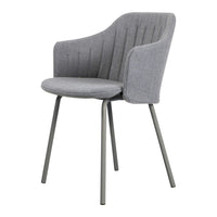 Gray upholstered chair with vertical stitching and sleek metal legs, perfect for modern decor.