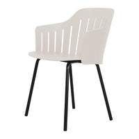 Stylish white chair with slatted backrest and sleek black legs, featuring a modern and minimalistic design.