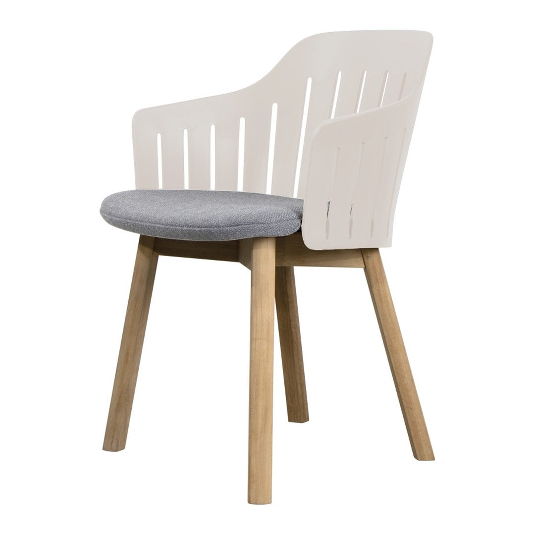 White slatted chair with a gray cushioned seat and light wooden legs, featuring a modern, minimalist design.