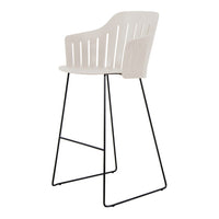 Light gray modern bar chair with slatted back design and sleek black metal legs. Minimalist and stylish for any decor.