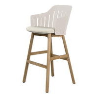 White and cream bar stool with a slatted back and natural wood legs, featuring a minimalist design.