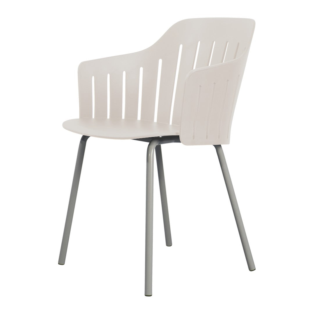 Light gray chair with slatted back design and sleek silver legs, perfect for modern decor.