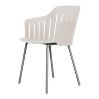 Light gray chair with slatted back design and sleek silver legs, perfect for modern decor.