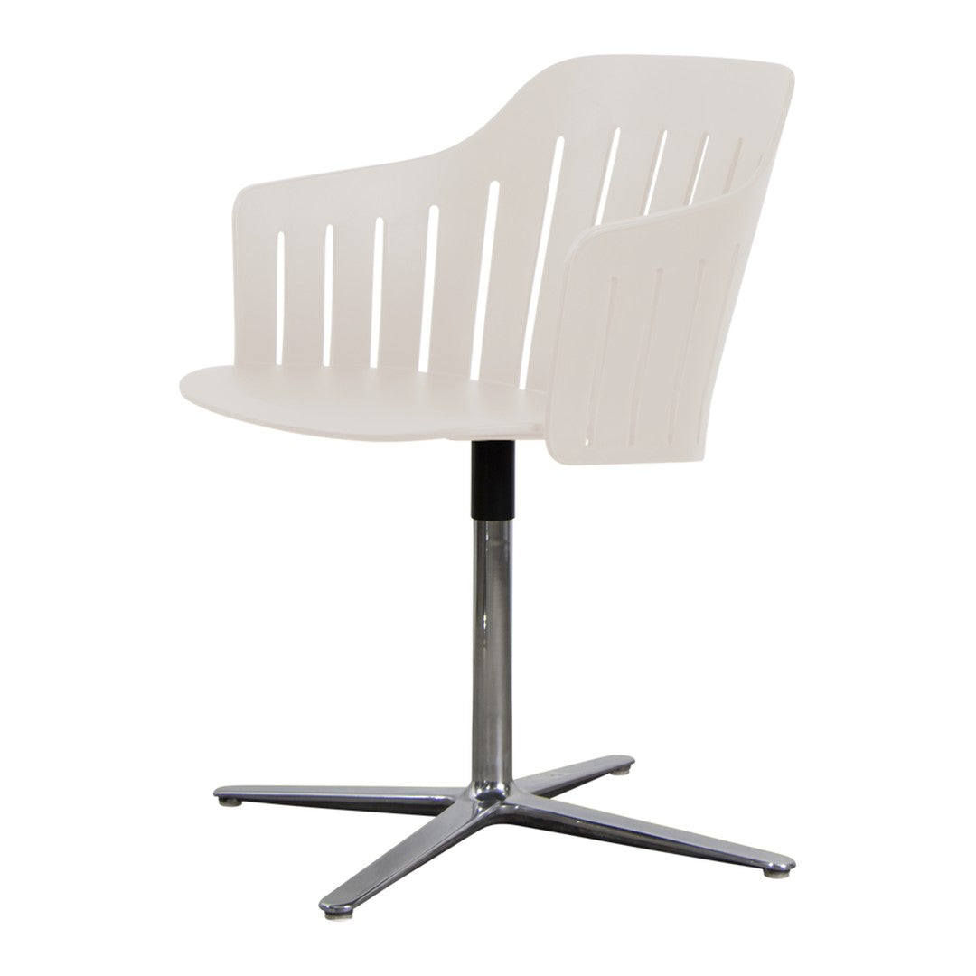White modern chair with a sleek, slatted design and a shiny chrome base. Stylish and contemporary for any space.