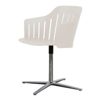 White modern chair with a sleek, slatted design and a shiny chrome base. Stylish and contemporary for any space.