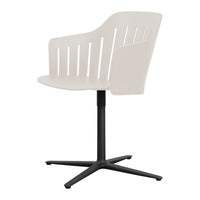 White ergonomic chair with a slatted backrest and a black base, showcasing a modern, minimalistic design.