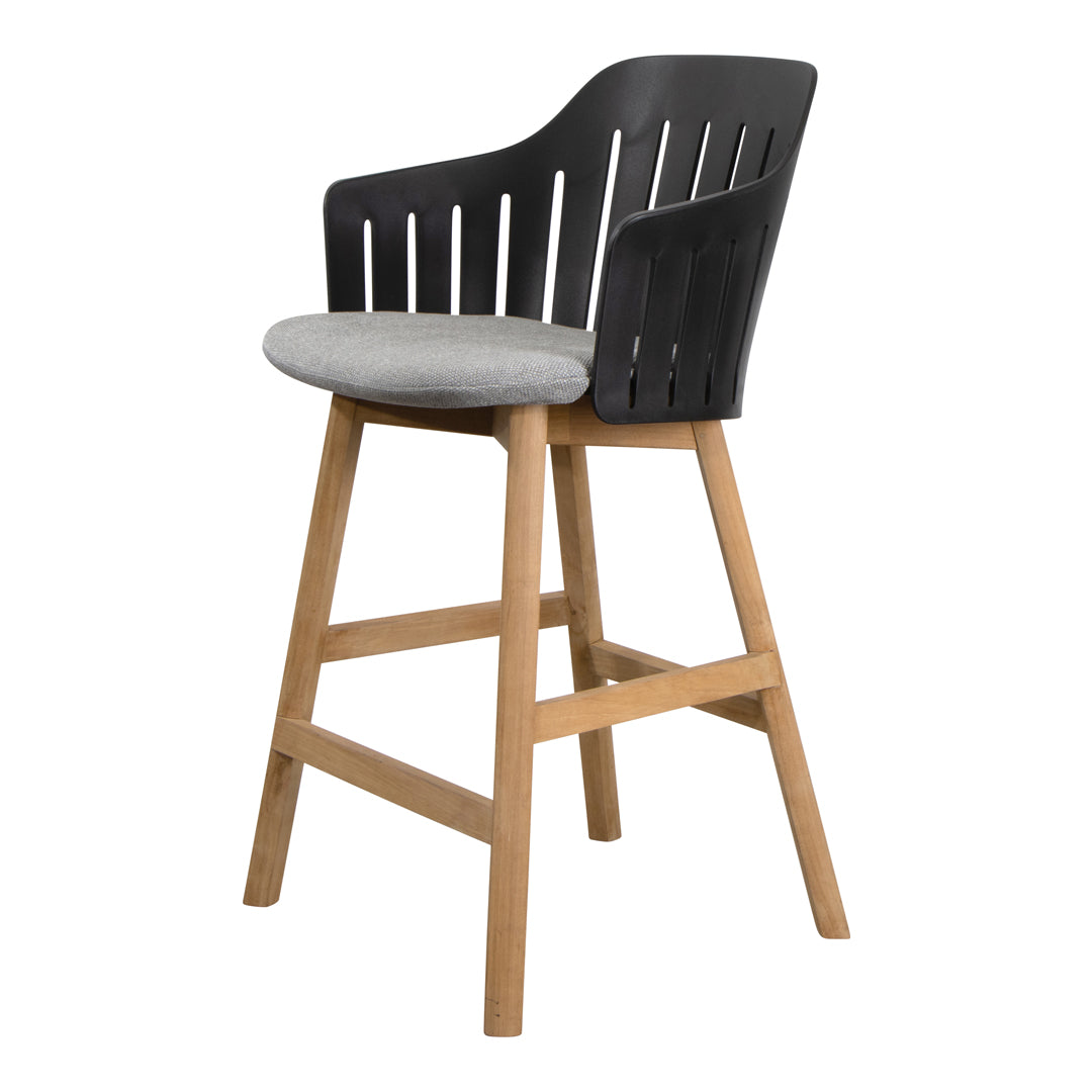 Black slatted back bar stool with grey cushion and natural wood legs, showcasing a modern two-tone design.