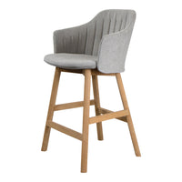 Gray upholstered bar stool with ribbed pattern and natural wood legs, perfect for modern interiors.