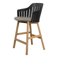 Black and gray patterned bar stool with a wooden base, featuring a modern design and sleek lines.