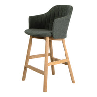 Green upholstered bar stool with ribbed texture and natural wood legs. Stylish and modern design for any space.