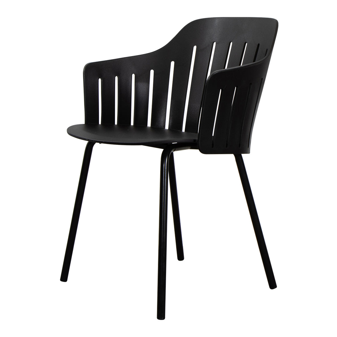 Black slatted chair with a modern design and sleek lines, perfect for contemporary interiors.