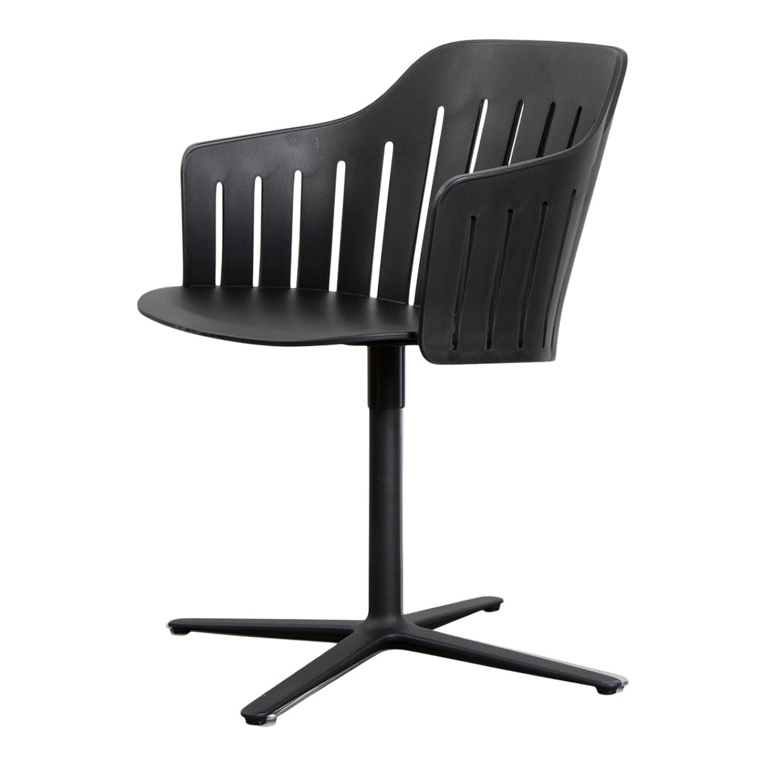 Black swivel chair with a slatted back design, offering a modern and sleek appearance. Ideal for contemporary spaces.