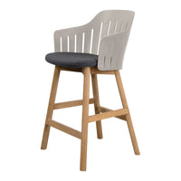 Modern bar stool with a light gray molded back, dark gray cushioned seat, and natural wood legs for a stylish finish.