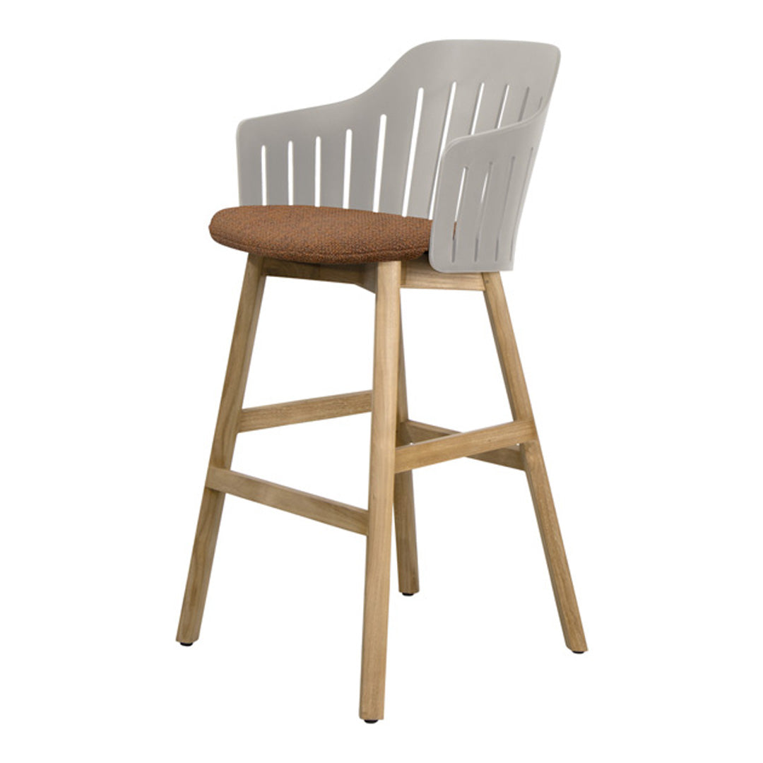 Modern high chair featuring a white backrest and a light brown cushioned seat with a textured finish.