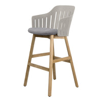 Stylish bar stool featuring a light gray plastic back and a gray upholstered seat atop a natural wood frame.