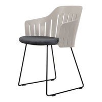 Stylish chair with a light gray plastic back and a dark gray cushioned seat on a sleek black metal frame.