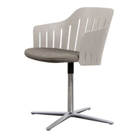 Gray upholstered seat with a sleek white plastic backrest and a chrome base, featuring a modern, minimalist design.