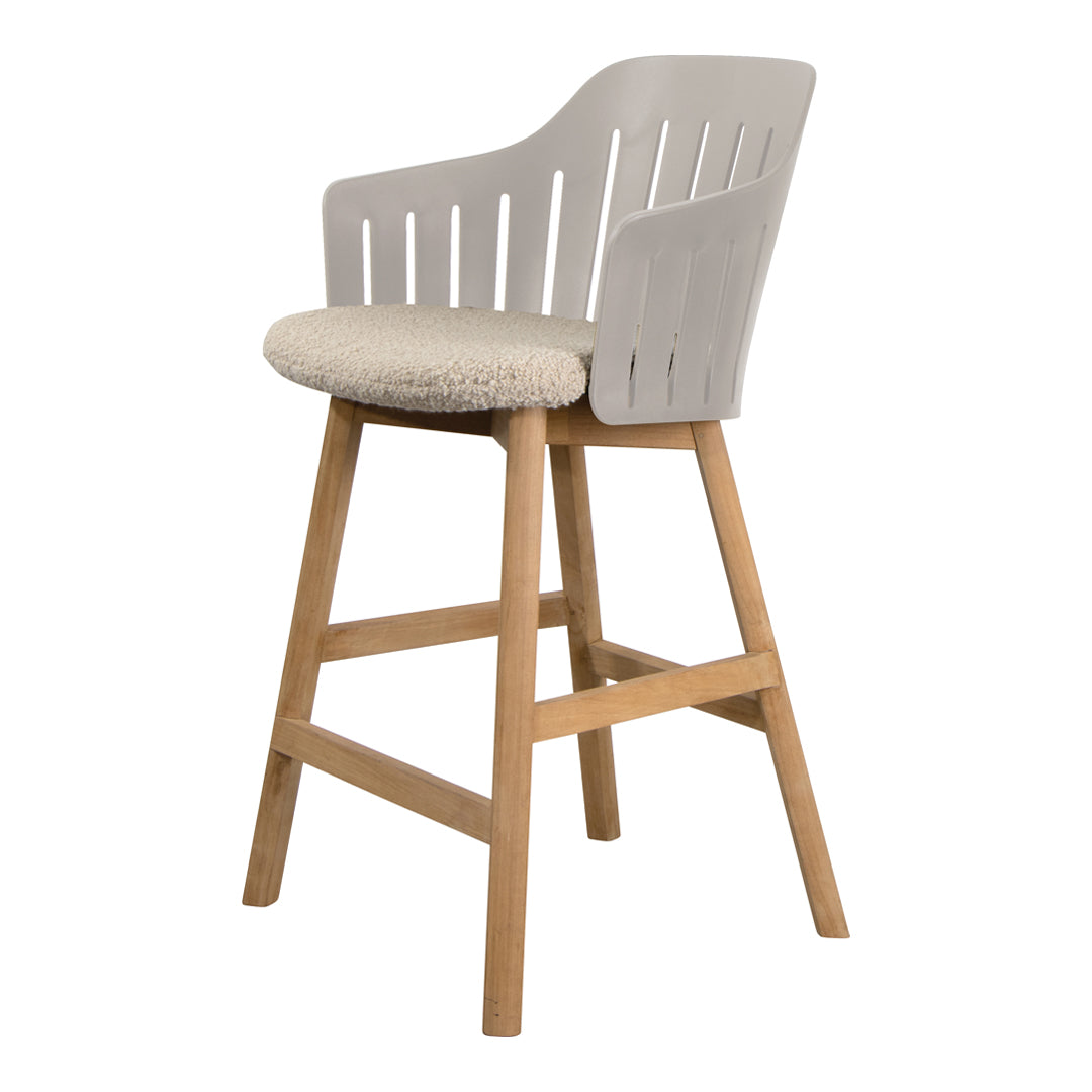Gray and beige barstool featuring a slatted back and a soft, textured seat on a natural wood frame.