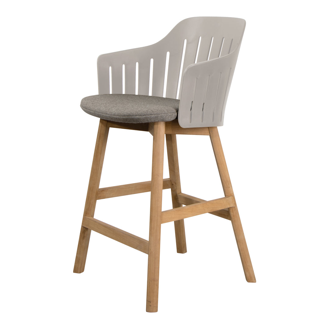 Light gray cushioned bar chair with a slatted back and natural wood legs, featuring a minimalist design.