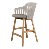 Light gray cushioned bar chair with a slatted back and natural wood legs, featuring a minimalist design.