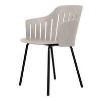 Gray plastic chair with a slatted back and black metal legs, featuring a sleek modern design.